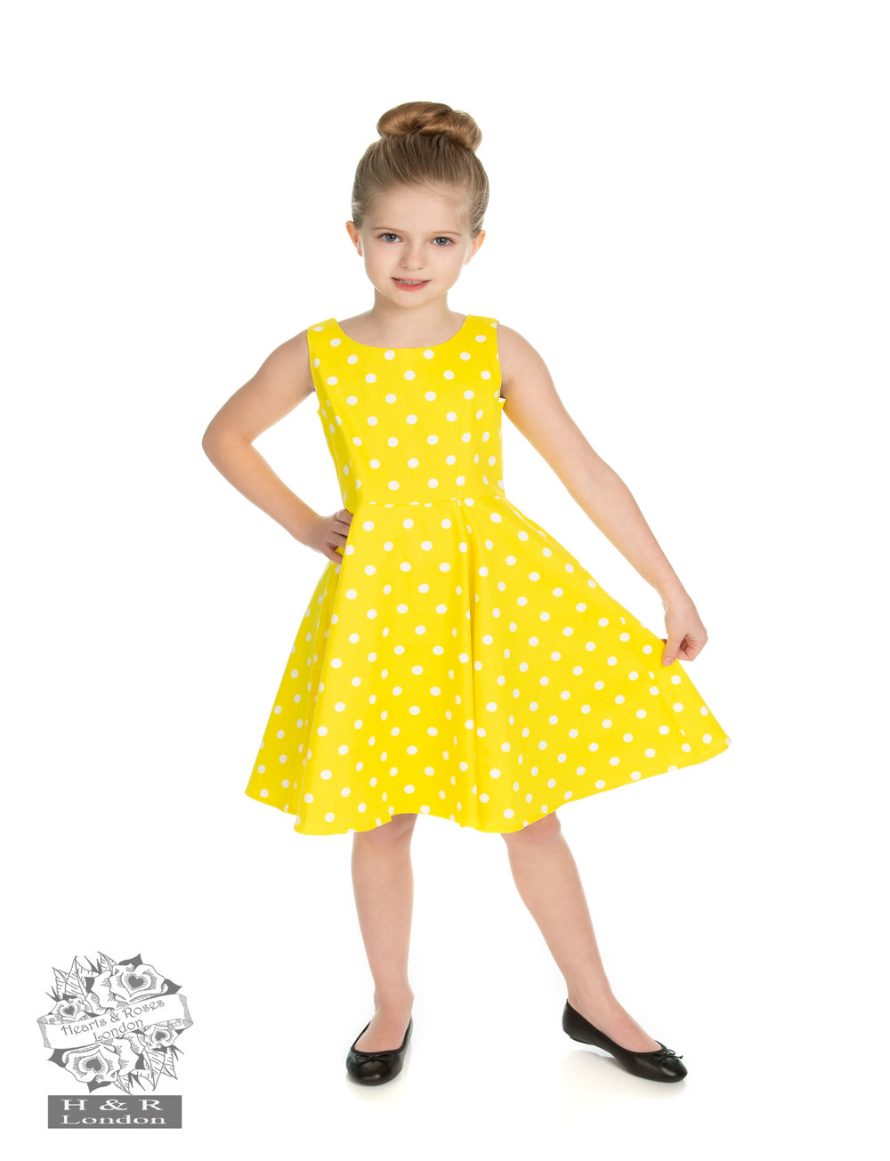 yellow dress with white polka dots