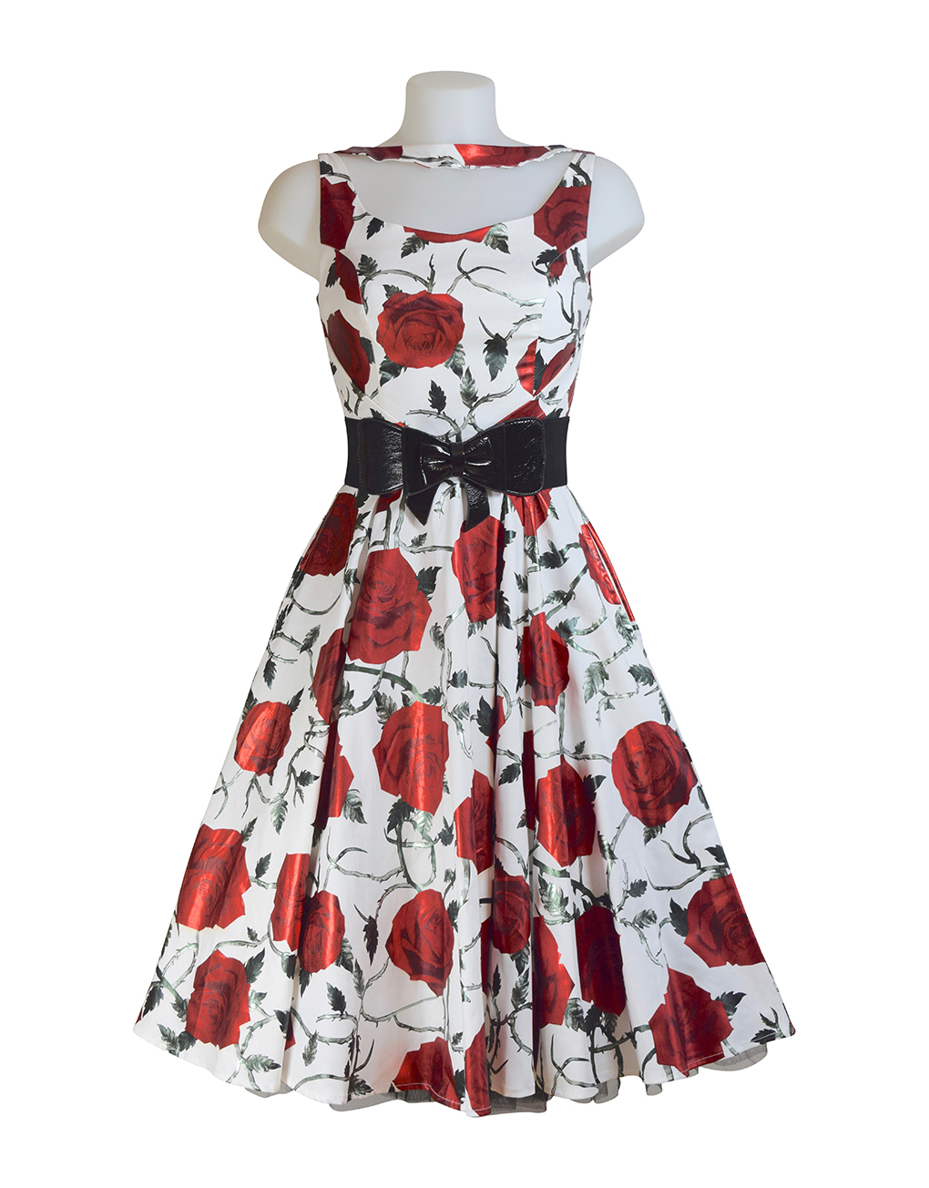 White Polka Dot & Red Rose Print Rockabilly 50s Swing Dress w/ Pockets –  Pretty Kitty Fashion