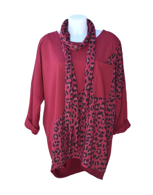 Fashion Fix Italian Leopard Print Cotton Top With Scarf Wine